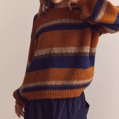 Women Amente - Pull Crew Neck Rayé - Ambre/Bleu