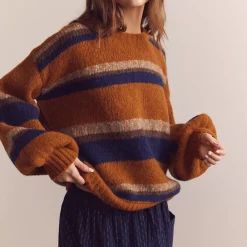 Women Amente - Pull Crew Neck Rayé - Ambre/Bleu