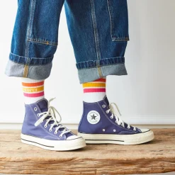 Women F01 Merci - Chaussettes à rayures - Orange & Jaune & Rose