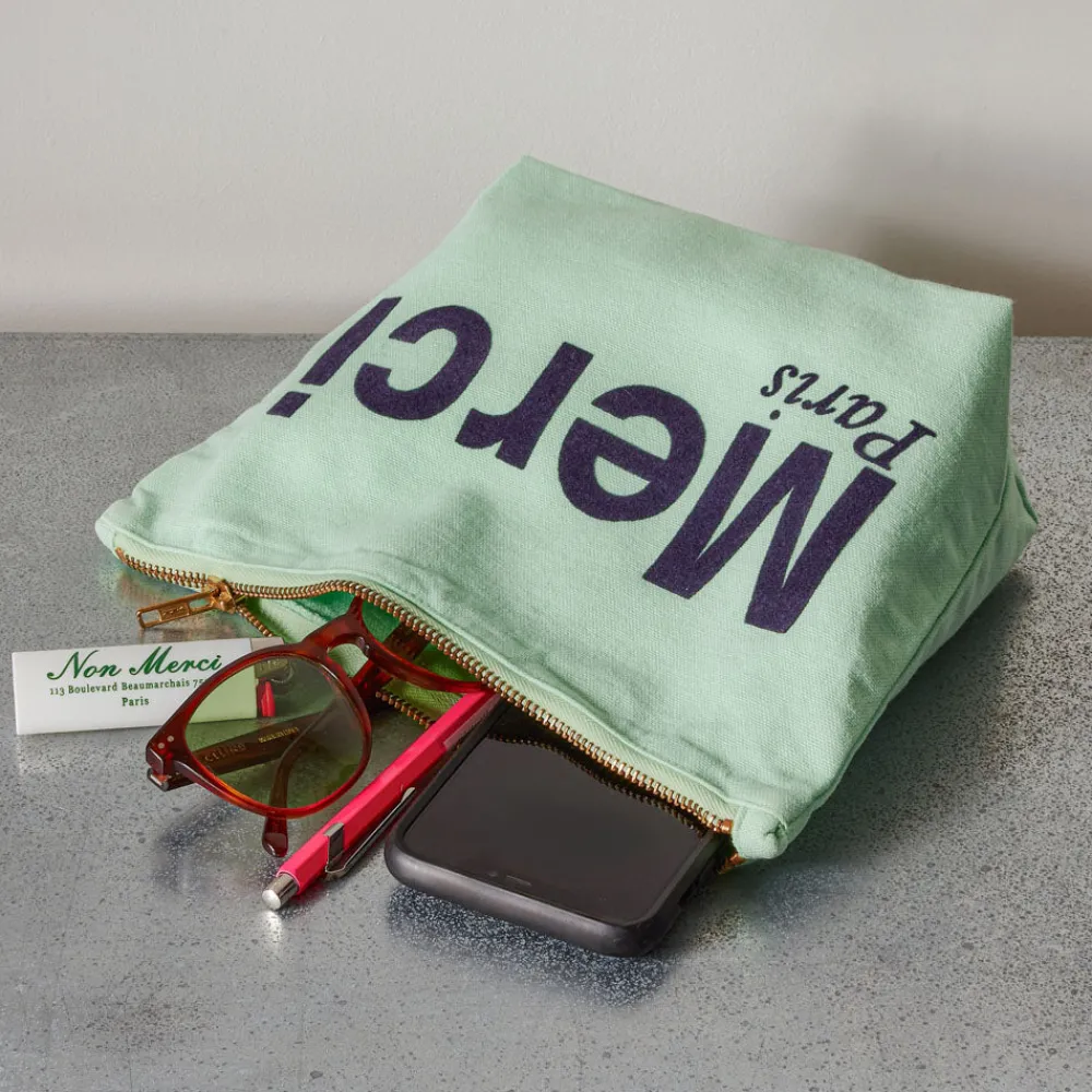 V01 Merci - Pochette en coton - Mint & Bleu