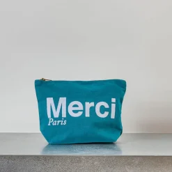 V01 Merci - Pochette en coton - Bleu canard & Blanc