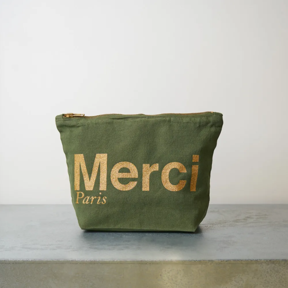 V01 Merci - Pochette en coton - Kaki & Doré