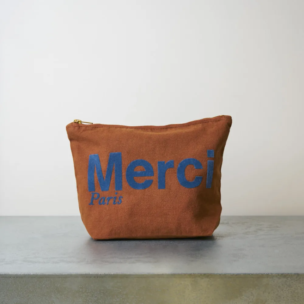 V01 Merci - Pochette en coton - Marron & Marine