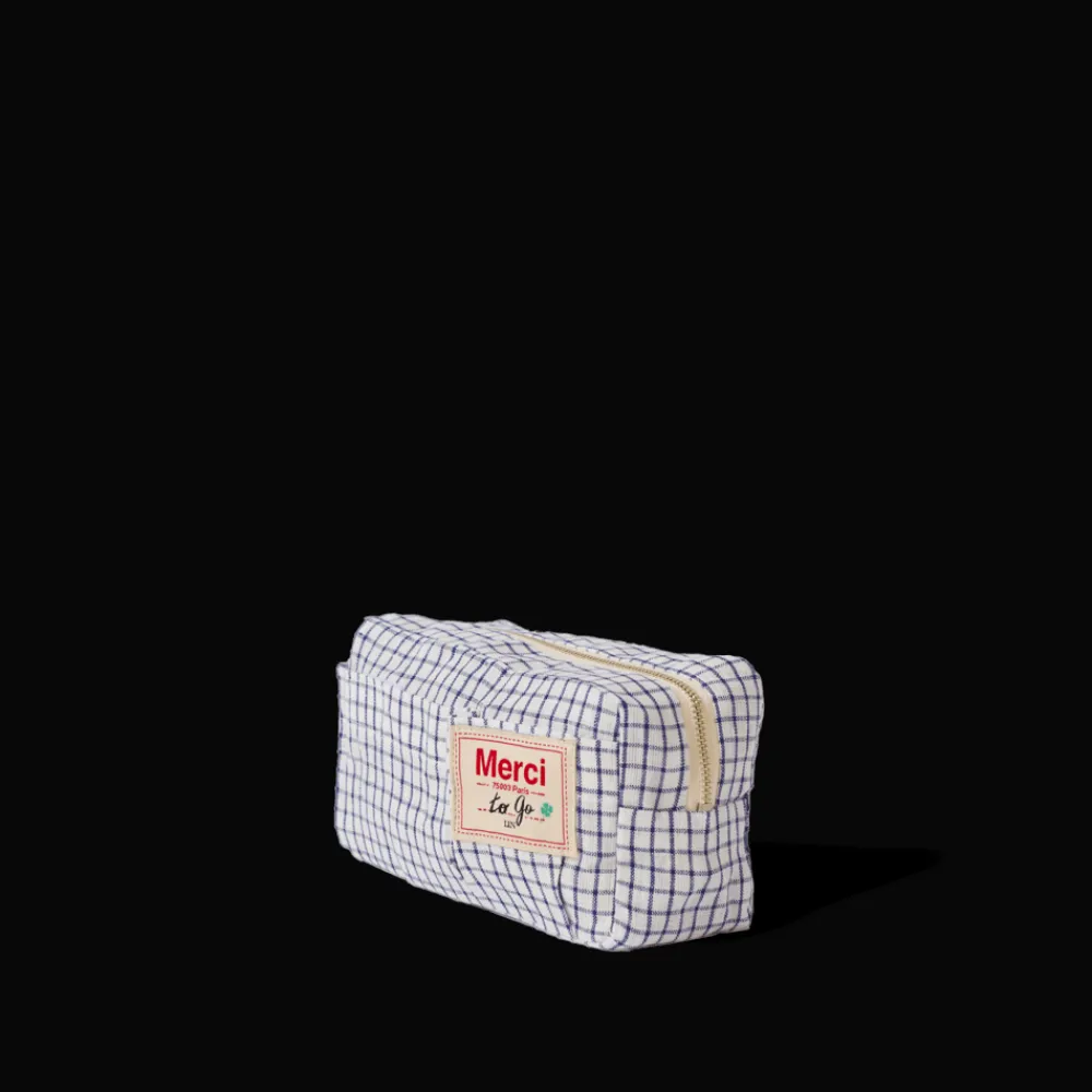 200 LINTEX Merci - Trousse en lin lavé - Carreaux Bleu Shibori