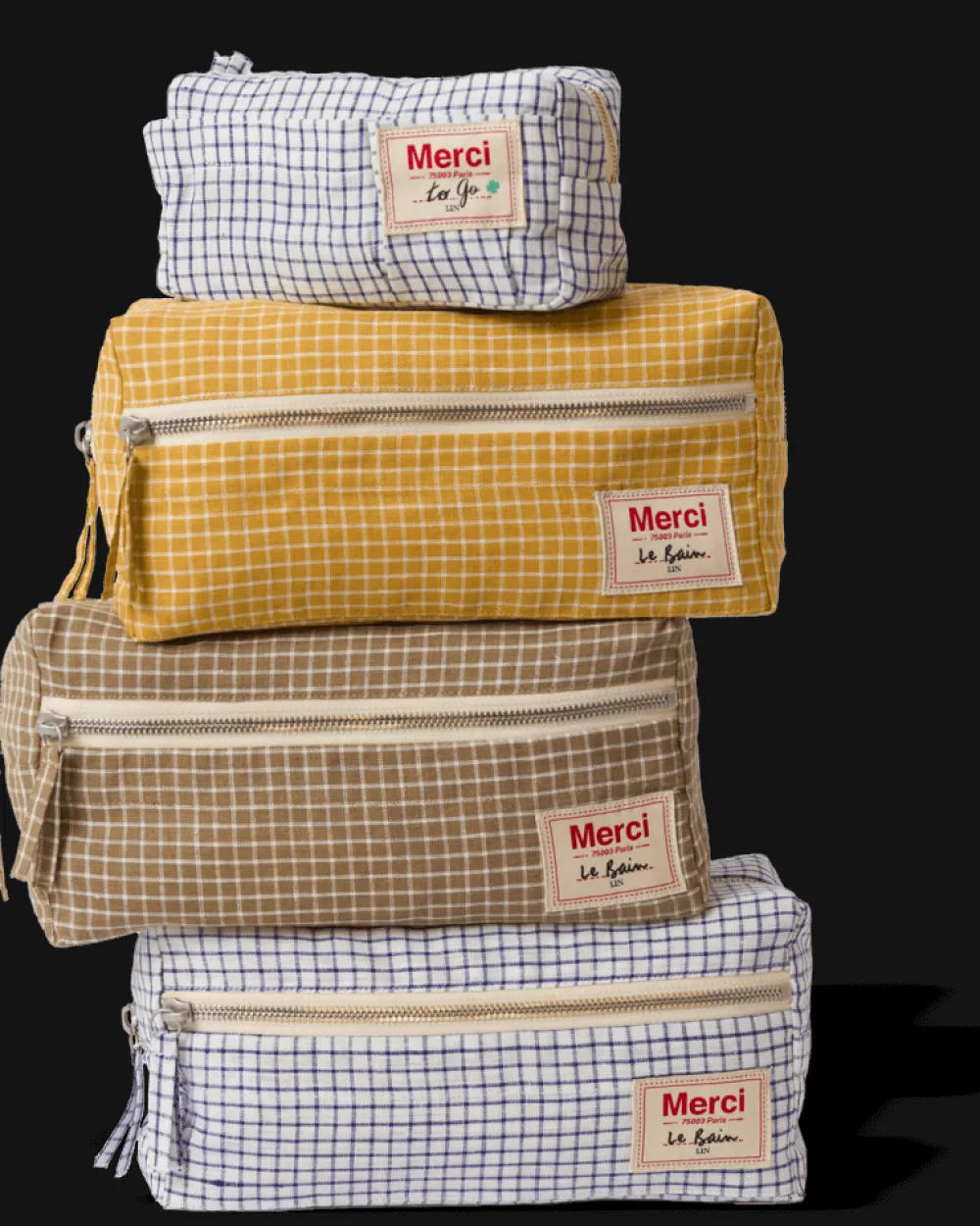 200 LINTEX Merci - Trousse en lin lavé - Carreaux Bleu Shibori