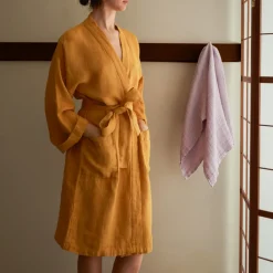 200 LINTEX Peignoir en lin - Nid d'abeille - Jaune Asahi