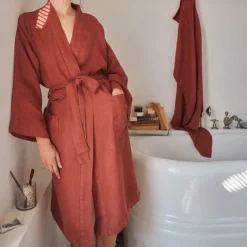 200 LINTEX Peignoir en lin - Nid d'abeille - Rouge Urushi