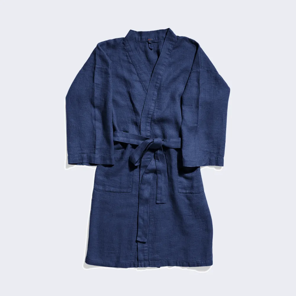 200 LINTEX Peignoir en lin - Nid d'abeille - Bleu Shibori