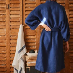 200 LINTEX Peignoir en lin - Nid d'abeille - Bleu Shibori