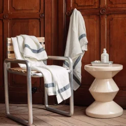 200 LINTEX Serviette de bain en lin - Nid d'abeille - Bande Bleu Pétrole