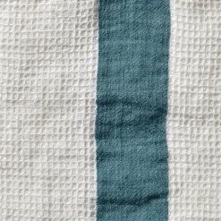 200 LINTEX Serviette de bain en lin - Nid d'abeille - Bande Bleu Pétrole