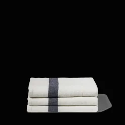 200 LINTEX Serviette de bain en lin - Nid d'abeille - Bande Bleu Encre
