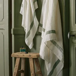 200 LINTEX Serviette de bain en lin - Nid d'abeille - Bande Vert d'Anduze