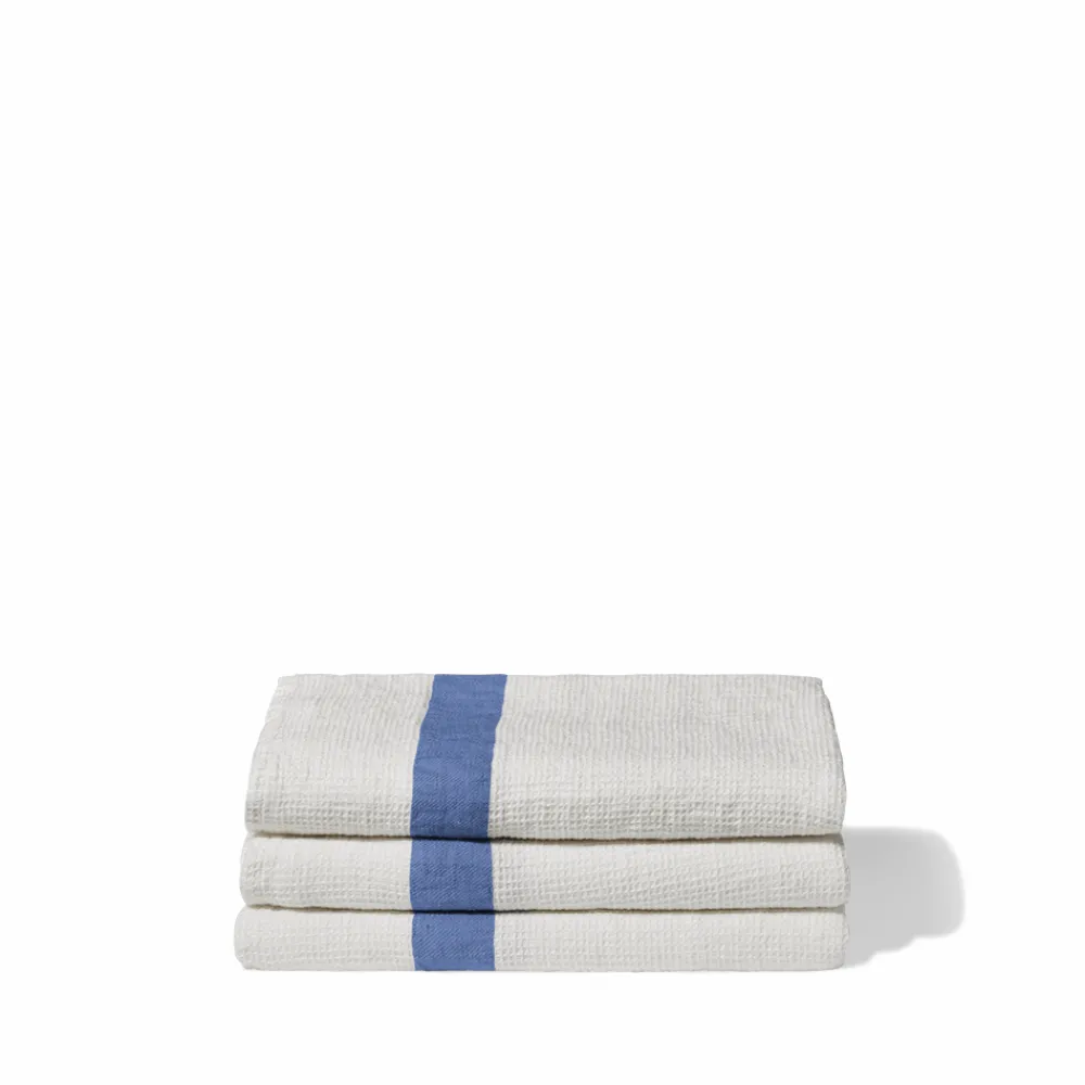 200 LINTEX Serviette de bain en lin - Nid d'abeille - Bande Bleu Paros