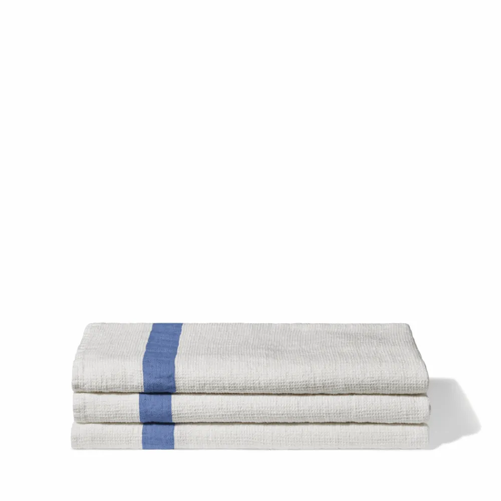 200 LINTEX Serviette de bain en lin - Nid d'abeille - Bande Bleu Paros