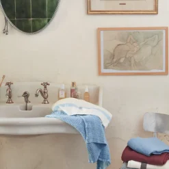 200 LINTEX Serviette de bain en lin - Nid d'abeille - Bande Bleu Tyrrhénien
