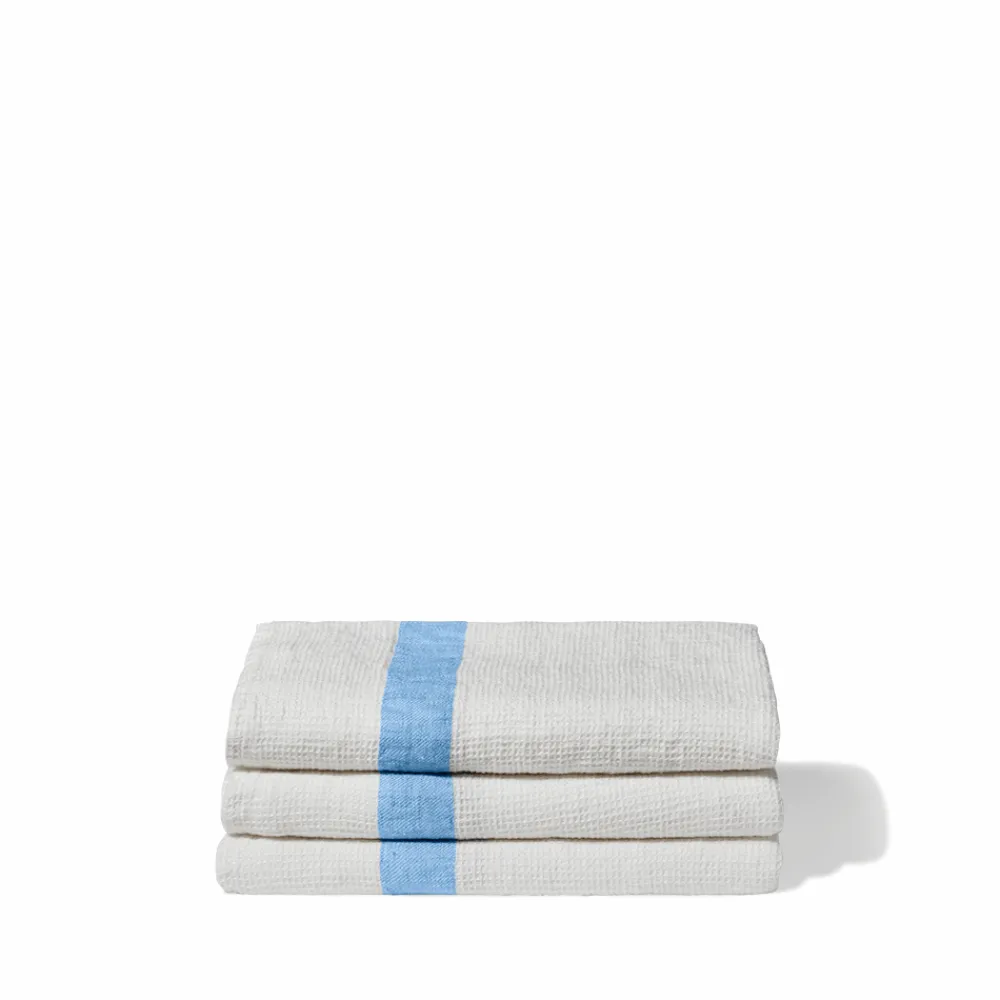 200 LINTEX Serviette de bain en lin - Nid d'abeille - Bande Bleu Tyrrhénien