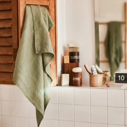 200 LINTEX Serviette de bain en lin - Nid d'abeille - Vert Komorebi