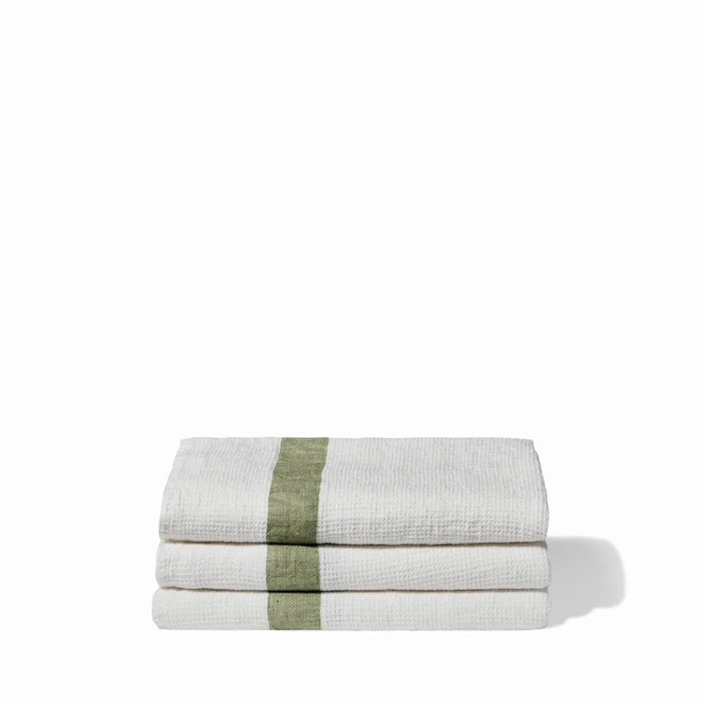 200 LINTEX Serviette de bain en lin - Nid d'abeille - Bande Vert Komorebi