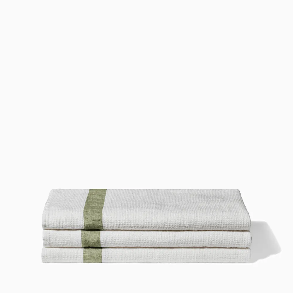 200 LINTEX Serviette de bain en lin - Nid d'abeille - Bande Vert Komorebi