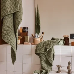 200 LINTEX Serviette de bain en lin - Waffle - Vert Komorebi