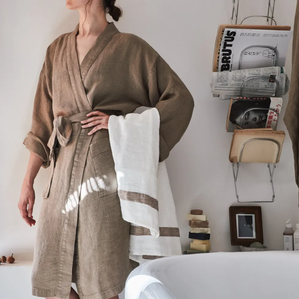 200 LINTEX Serviette de bain en lin - Nid d'abeille - Bande Brun Cha Iro