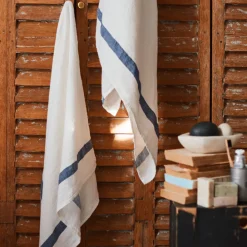 200 LINTEX Serviette de bain en lin - Nid d'abeille - Bande Bleu Shibori