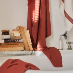 200 LINTEX Serviette de bain en lin - Nid d'abeille - Bande Rouge Urushi