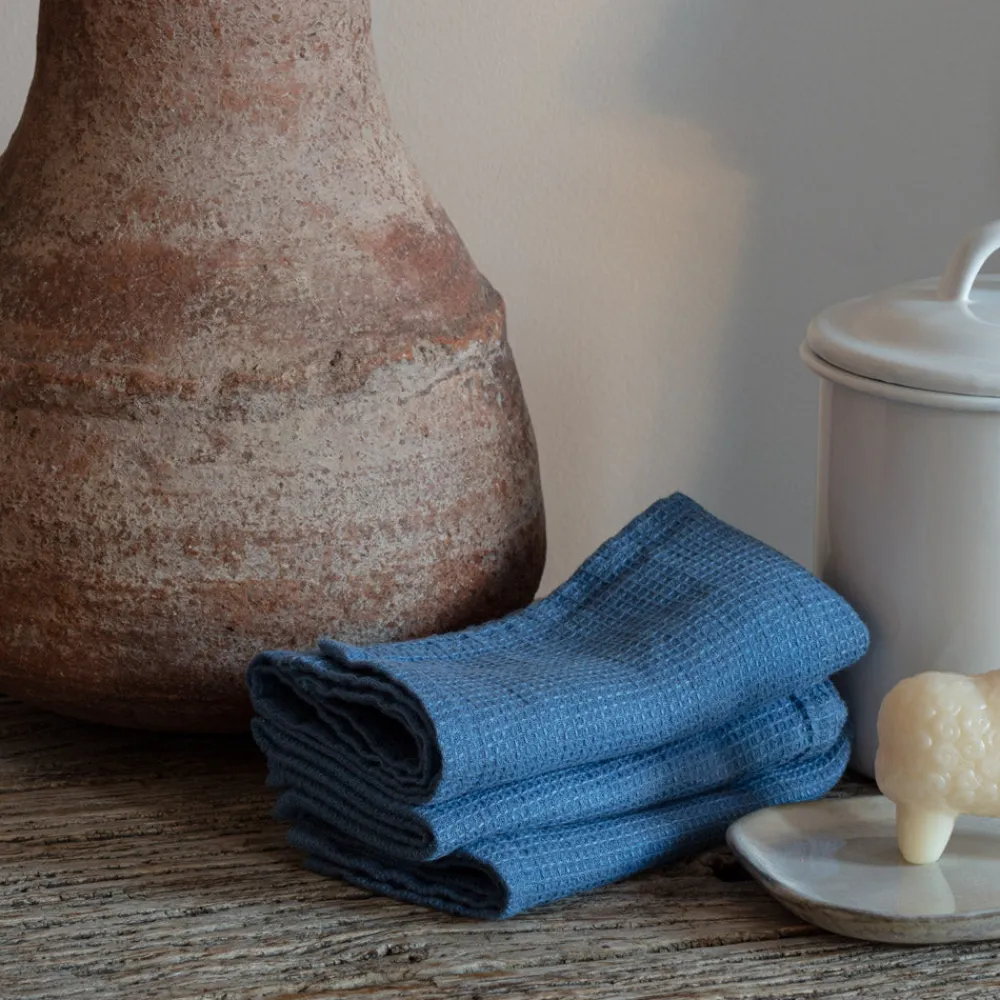200 LINTEX Serviette de bain invité en lin - Nid d'abeille - Bleu Paros