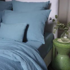 200 LINTEX Taie d'oreiller en lin lavé - Bleu Azur