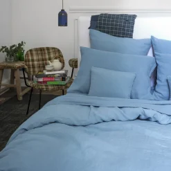 200 LINTEX Taie d'oreiller en lin lavé - Bleu Azur