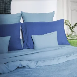 200 LINTEX Taie d'oreiller en lin lavé - Bleu Azur