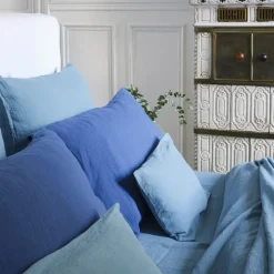 200 LINTEX Taie d'oreiller en lin lavé - Bleu Azur