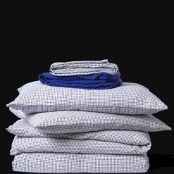 200 LINTEX Taie d'oreiller en lin lavé - Carreaux Bleu Shibori