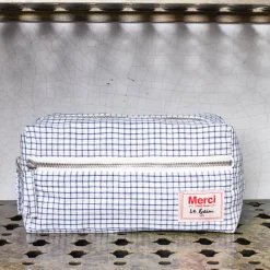 200 LINTEX Trousse de toilette en lin lavé - Carreaux Bleu Shibori